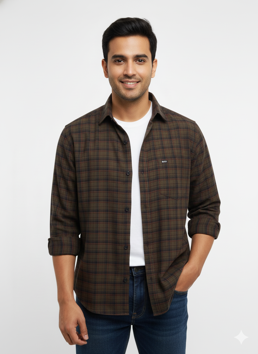 Men's Casual Check Shirt in Olive Color