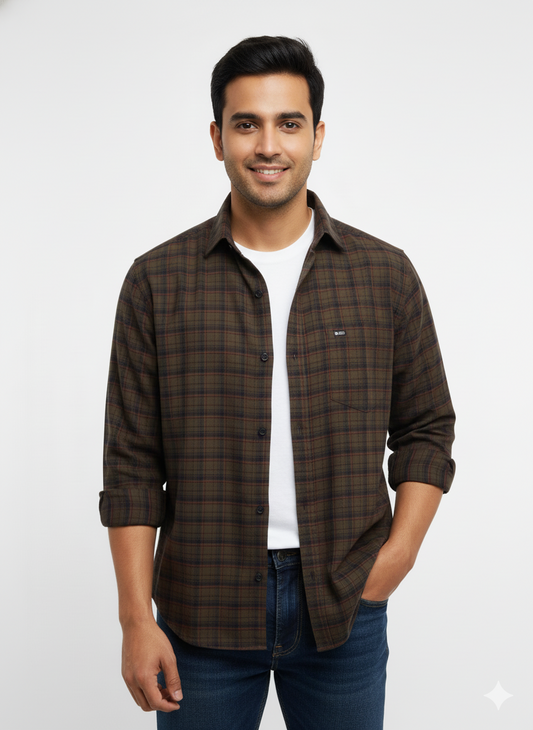 Men's Casual Check Shirt in Olive Color