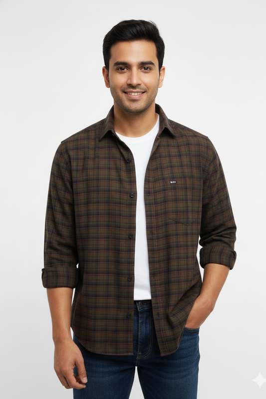 Men's Casual Check Shirt in Olive Color