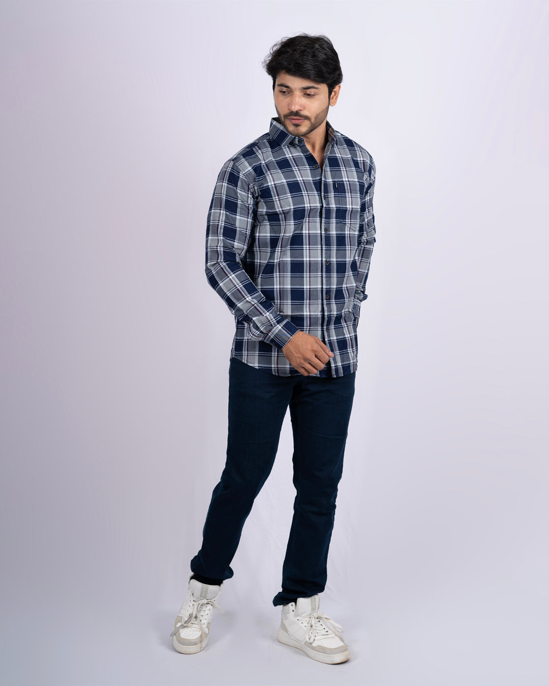 GREY-BLUE COLOR CHECK CASUAL SHIRT