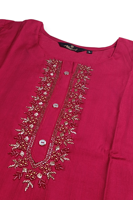 Women Maroon Embroidered Straight Kurti 251140071