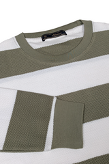 Men Olive-White Horizontal Striped Crew Neck T-Shirt 251170711