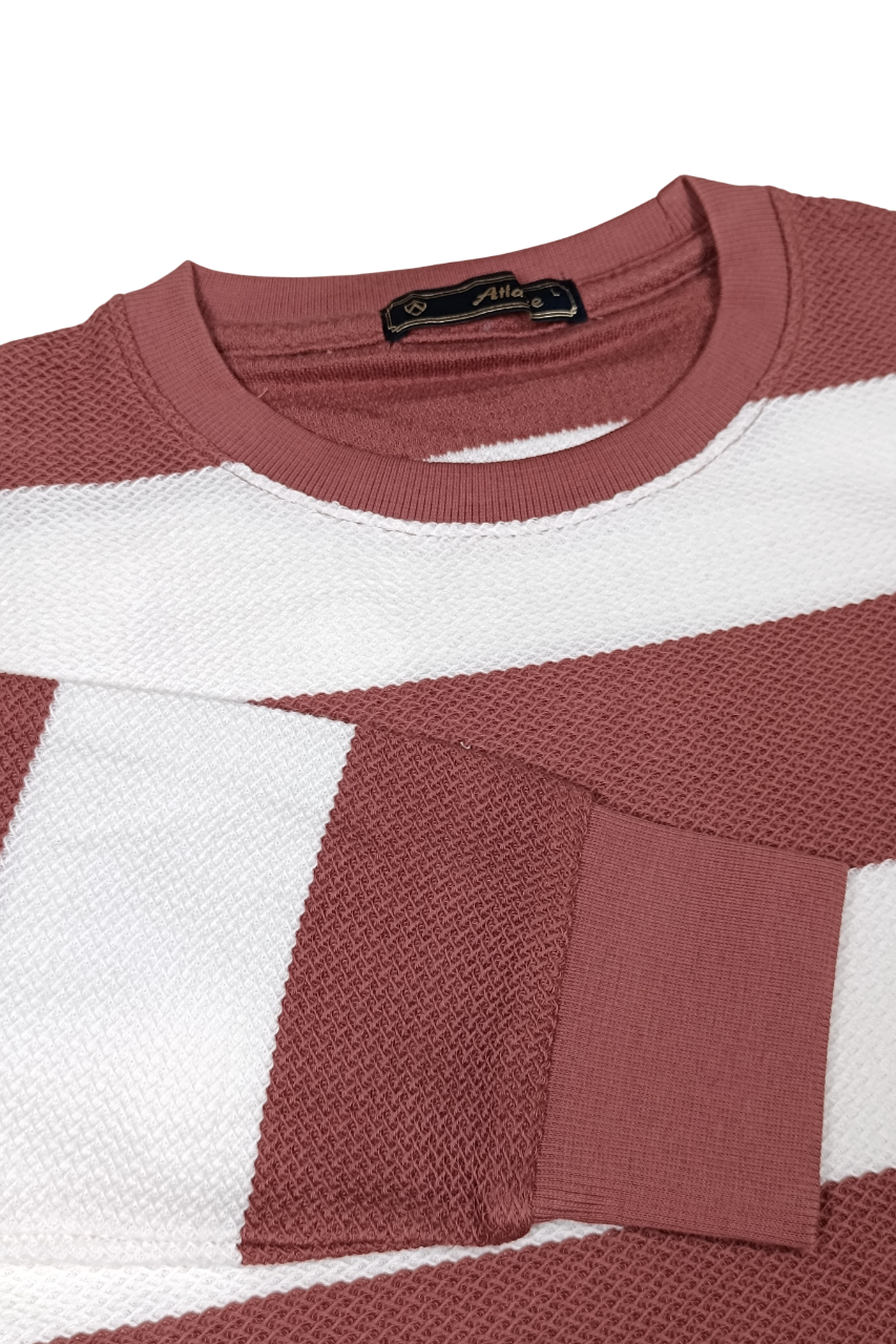 Men Rust-White Striped Crew Neck T-Shirt 251170711