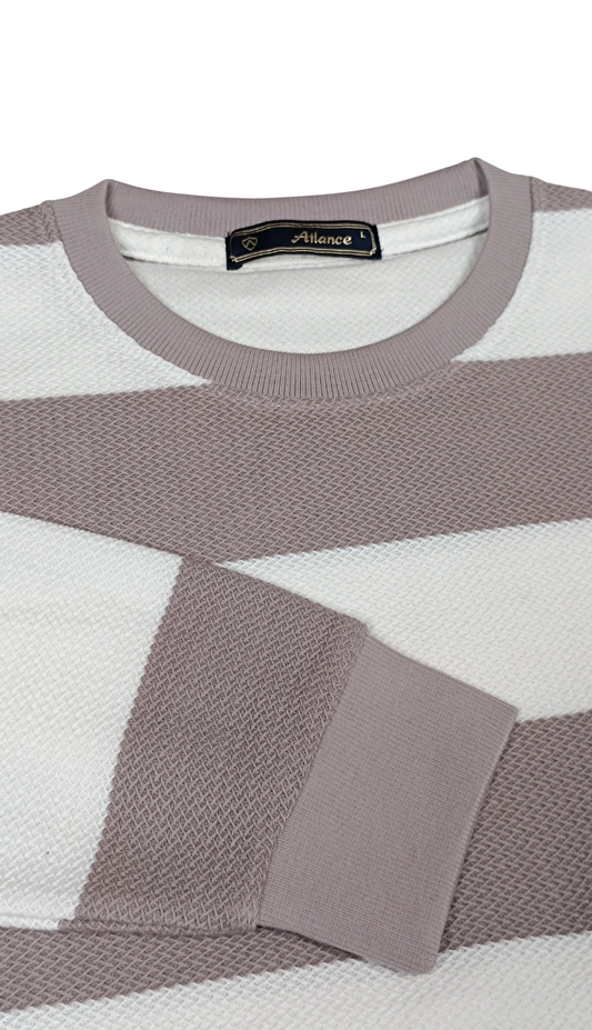Men Beige-White Striped Crew Neck T-Shirt 251170711