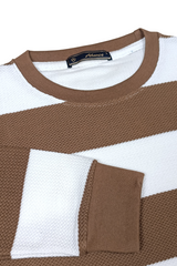 Men Brown-White Striped Crew Neck T-Shirt 251170711