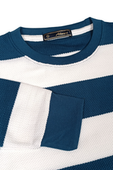Men Peacock Blue-White Striped Crew Neck T-Shirt 251170711