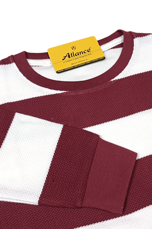 Men Maroon-White Horizontal Striped Crew Neck T-Shirt 251124134
