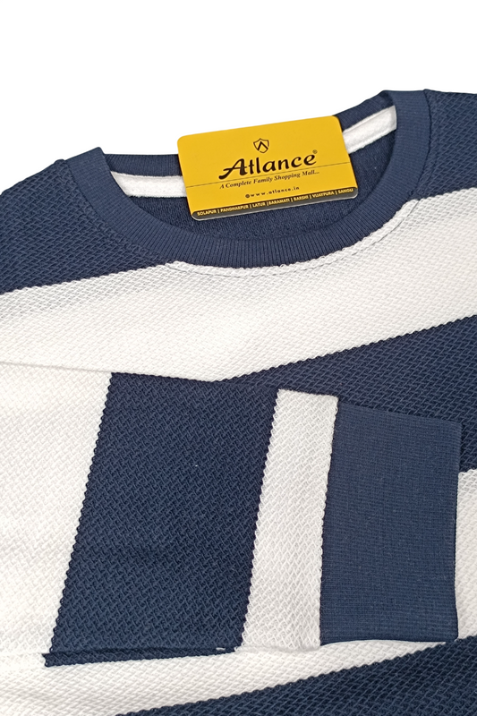 Men Navy Blue and White Striped Crew Neck  T-Shirt | Textured 251124134