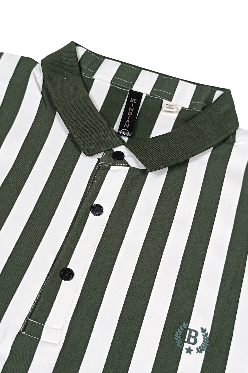 Men Green-White Vertical Striped Polo T-Shirt | Slim Fit 251181246