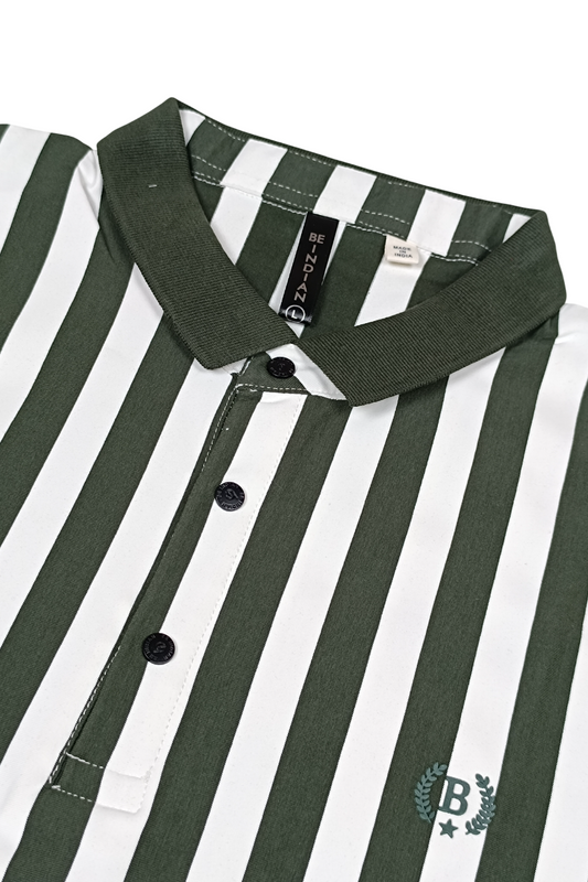 Men Green-White Vertical Striped Polo T-Shirt | Slim Fit 251181246