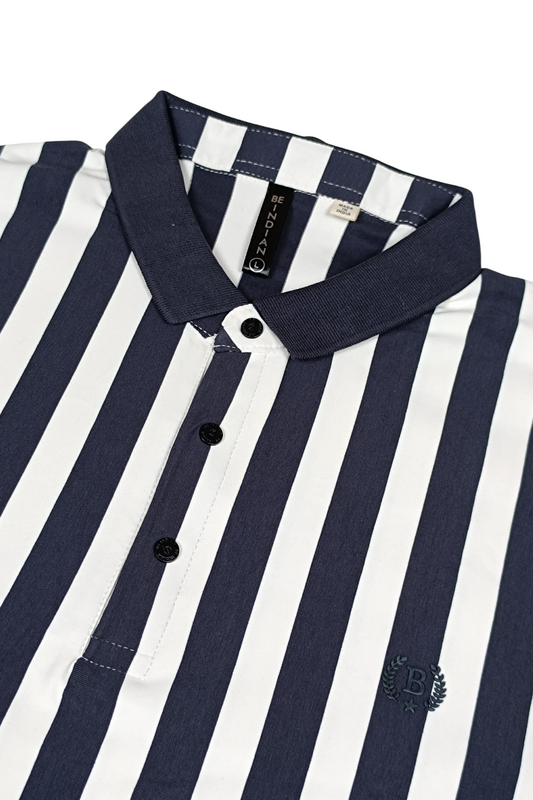 Men Navy Blue-White Vertical Polo T-Shirt | Casual Slim Fit 251181246