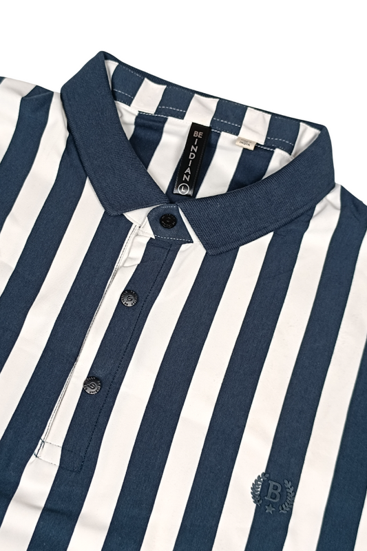 Men Peacock Blue-White Striped Polo T-Shirt | Casual Slim Fit 251181246