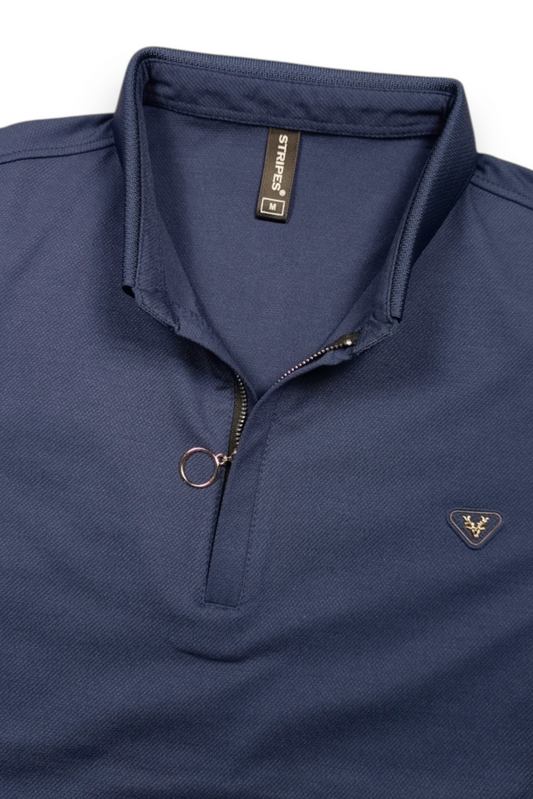 Men Navy Blue Korean Style Zipper Neck Polo T-Shirt ATL5771