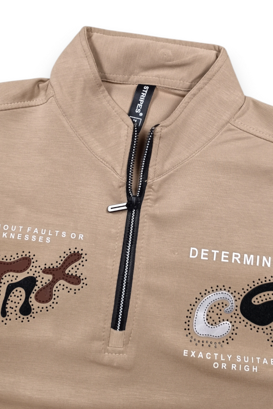 Men Beige Half-Zip Mock Neck Graphic Print Sweatshirt ATL3027