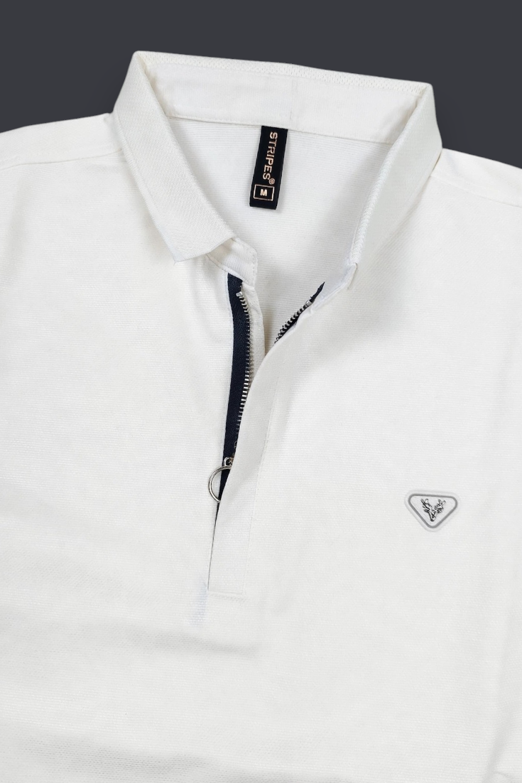 Men White Korean Style Zipper Neck Polo T-Shirt ATL5771