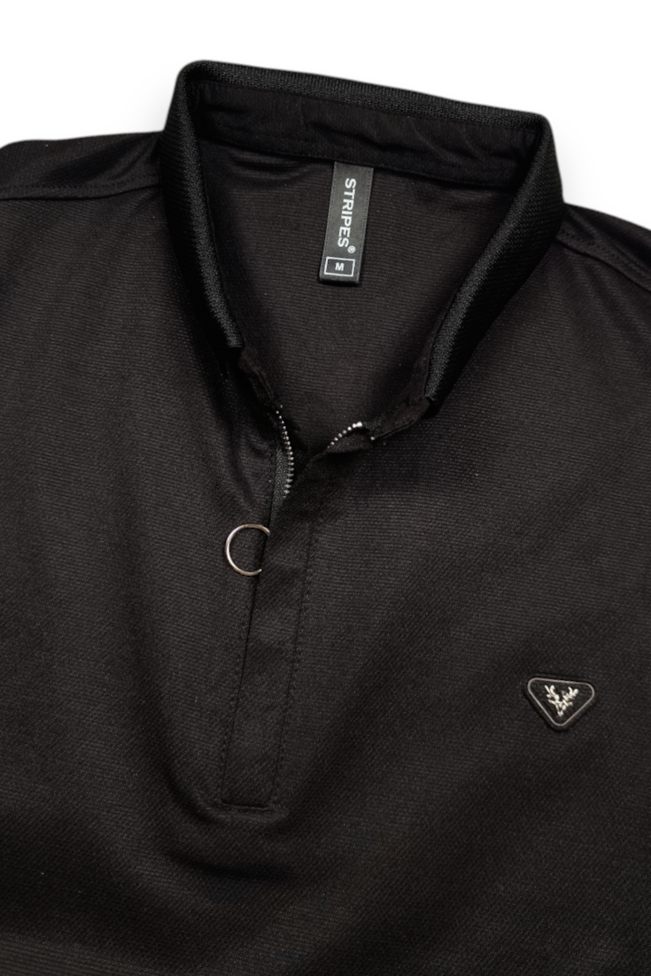 Men Black Korean Style Zipper Neck Polo T-Shirt ATL5771