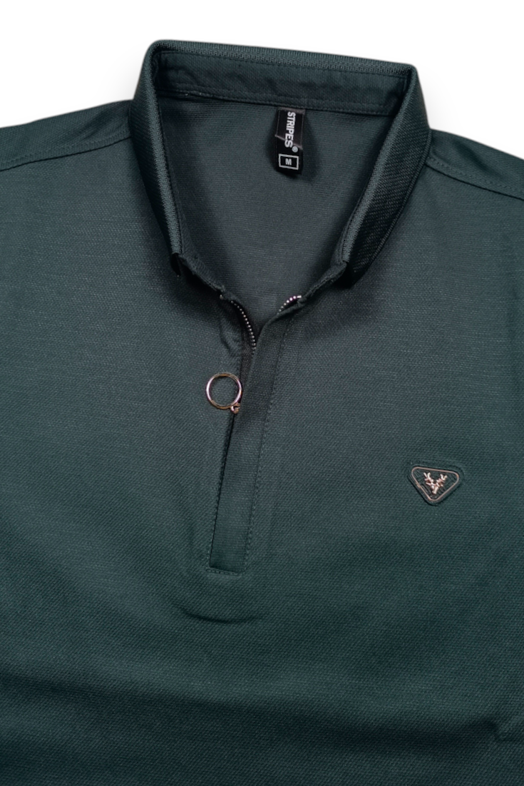 Men Bottle Green Korean Style Zipper Neck Polo T-Shirt ATL5771