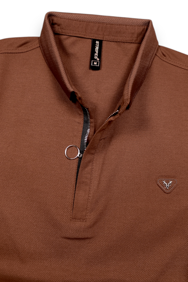 Men Coffee Korean Style Zipper Neck Polo T-Shirt ATL5771