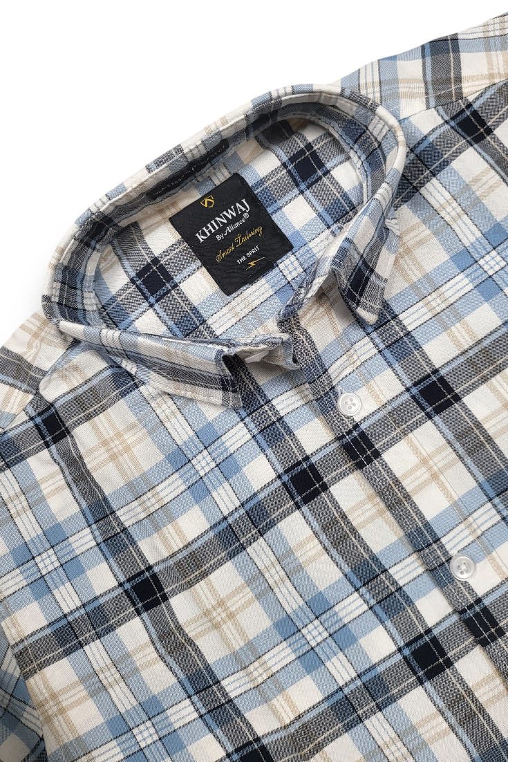 Men Blue Checkered Shirt - Long Sleeve Cotton