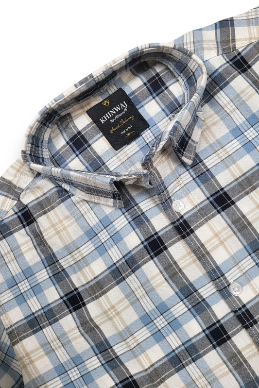 Men Blue Checkered Shirt - Long Sleeve Cotton