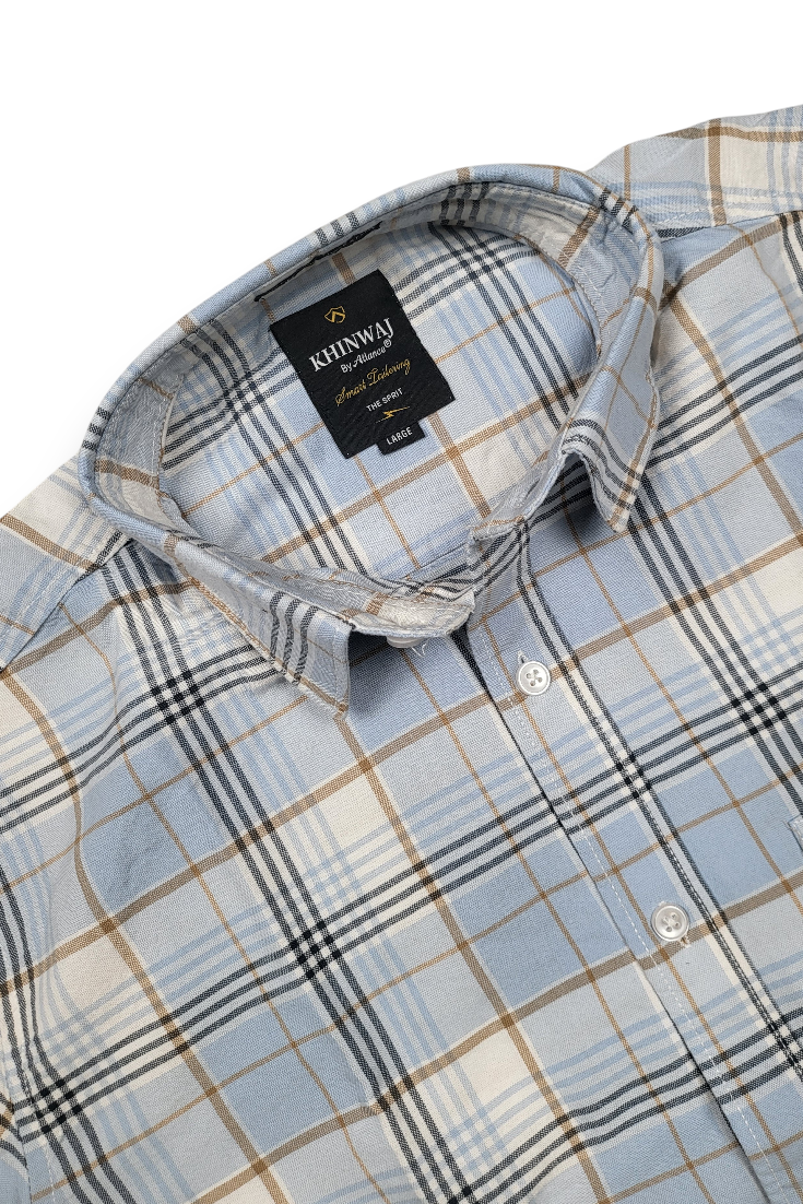 Men Grey Plaid Button-Down Shirt | Classic Long Sleeve Casual Shirt