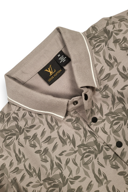 Men Grey Leaf Print Polo T-Shirt
