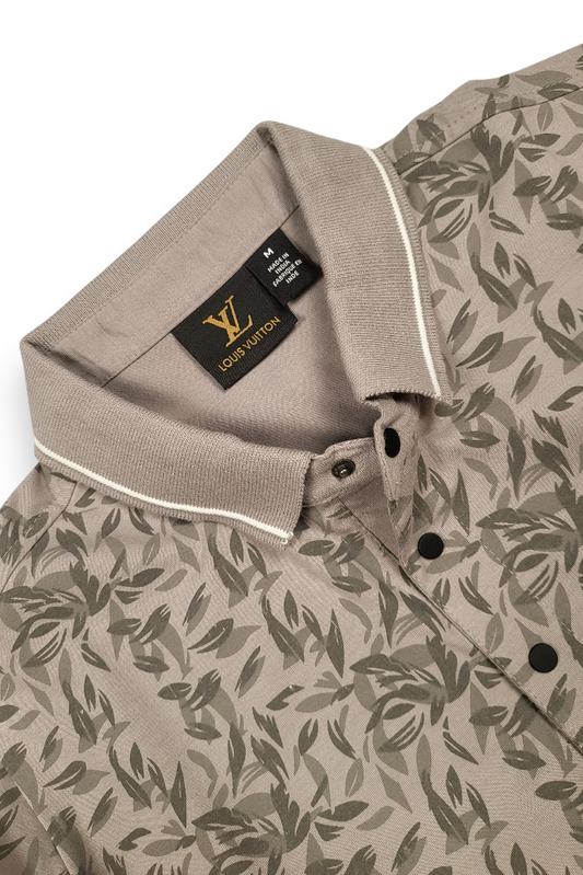 Men Grey Leaf Print Polo T-Shirt