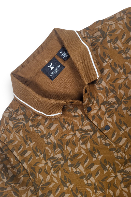 Men Brown Leaf Print Polo T-Shirt