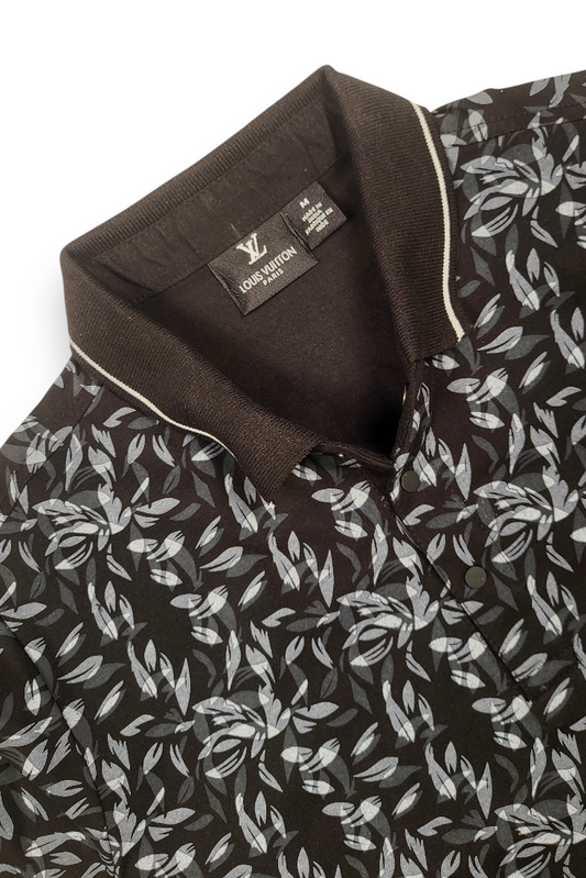 Men Black Leaf Print Polo T-Shirt