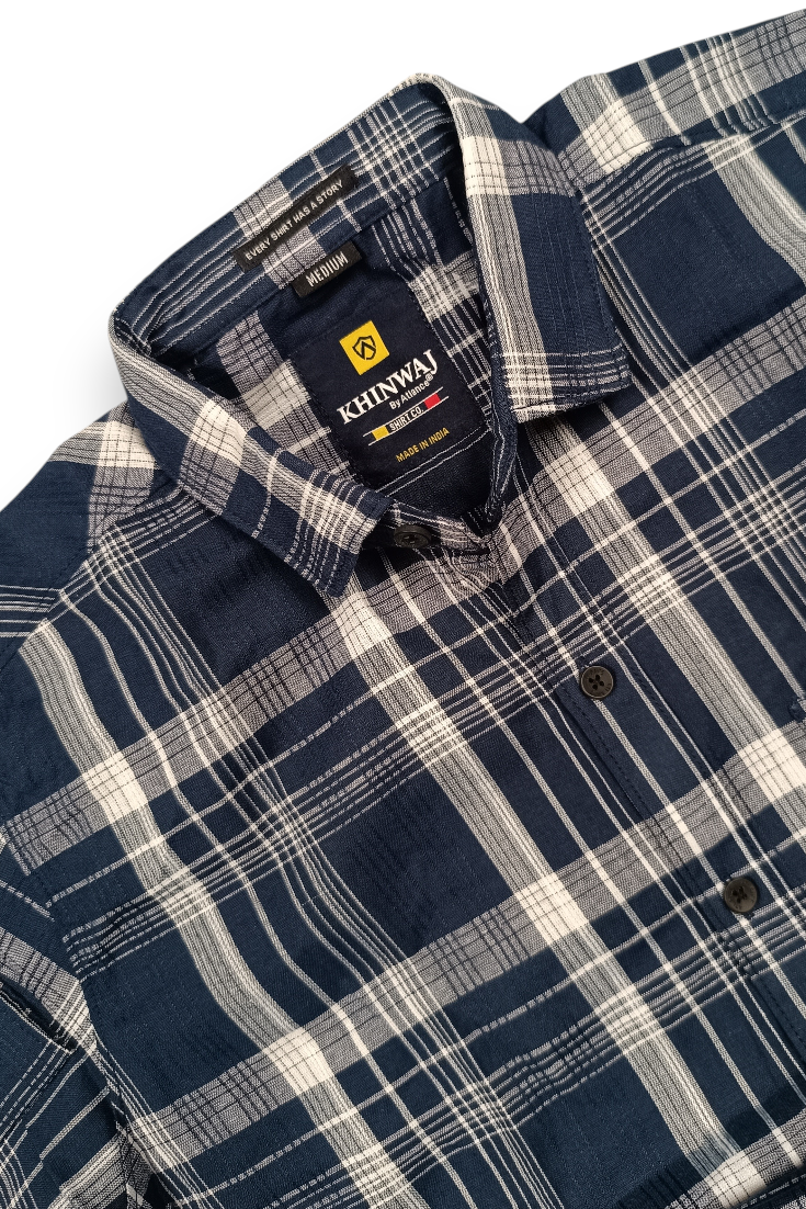 Classic Navy Blue Tartan Check Shirt - Men Slim Fit KEV-5920
