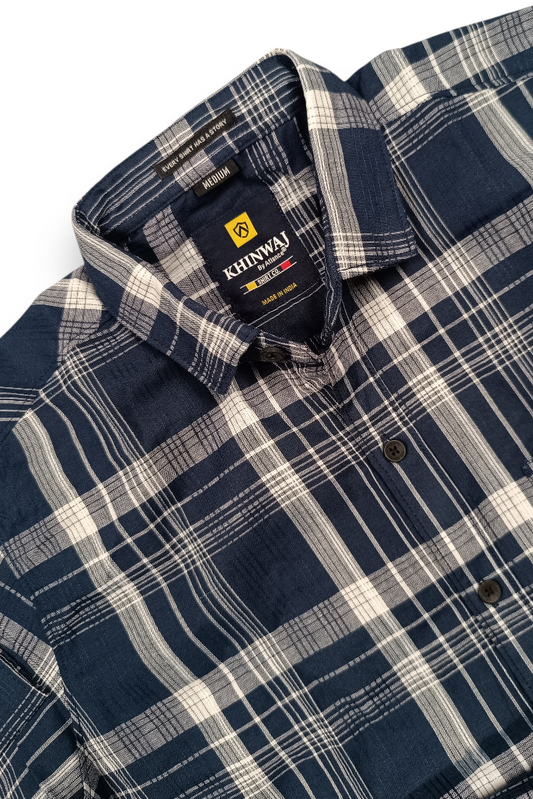 Classic Navy Blue Tartan Check Shirt - Men Slim Fit KEV-5920