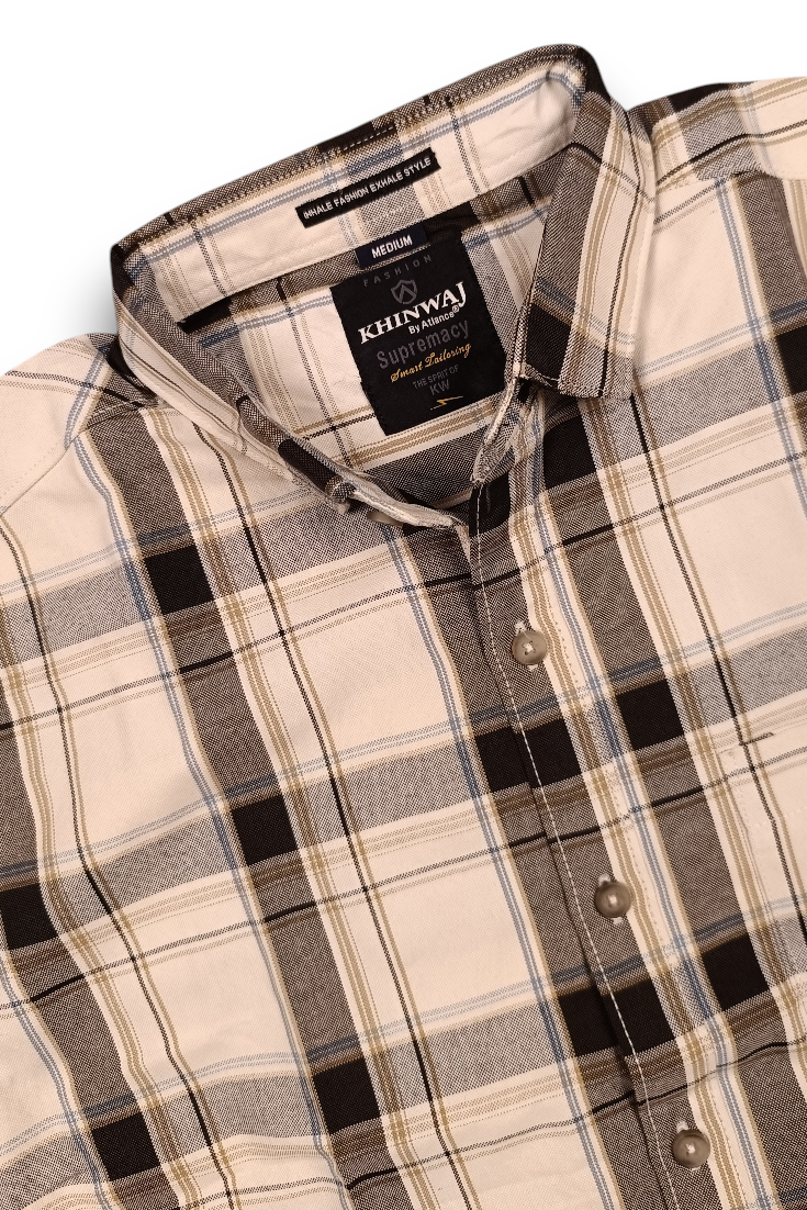 Men Off White Plaid Shirt | Black Grey Checks Full Sleeve KEV-597
