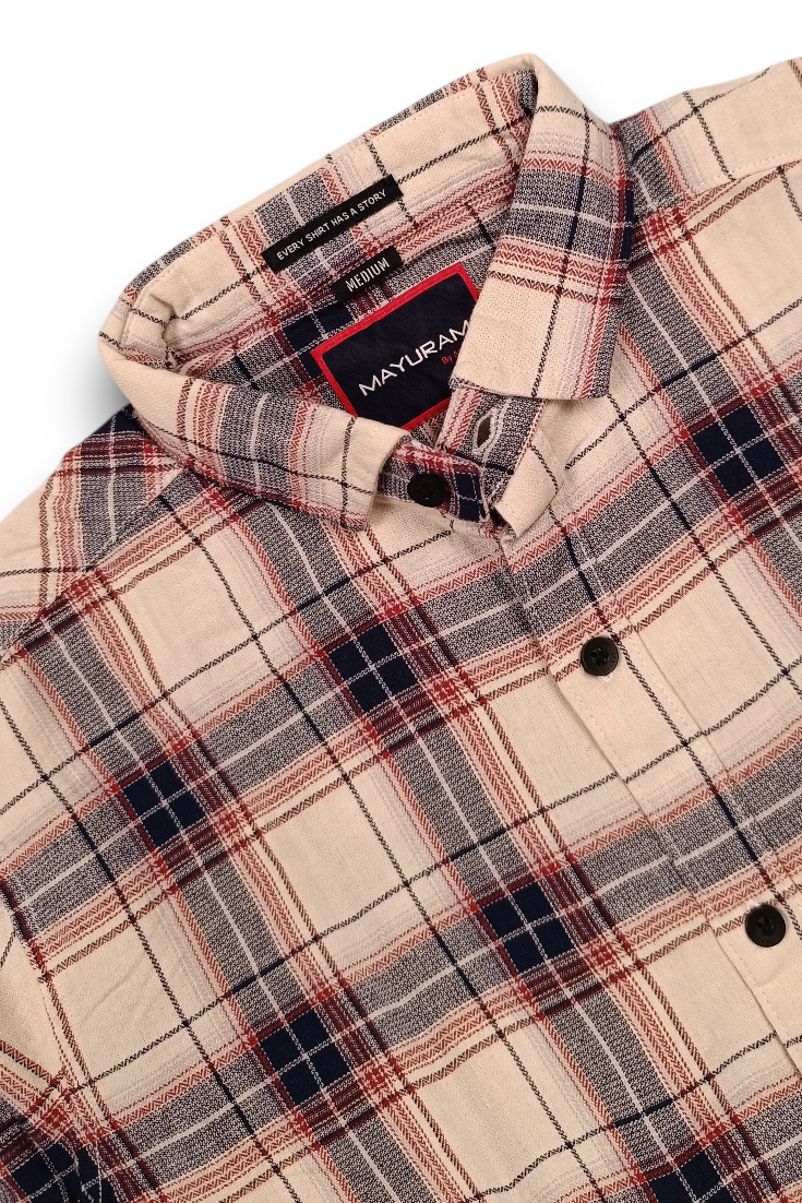 Cream Red Checks Shirt For Men - Casual Wear PRA-56800