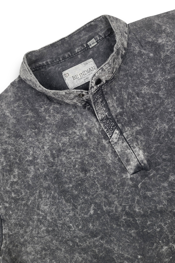 Men Black Acid Washed Henley Neck T-Shirt - Slim Fit 305