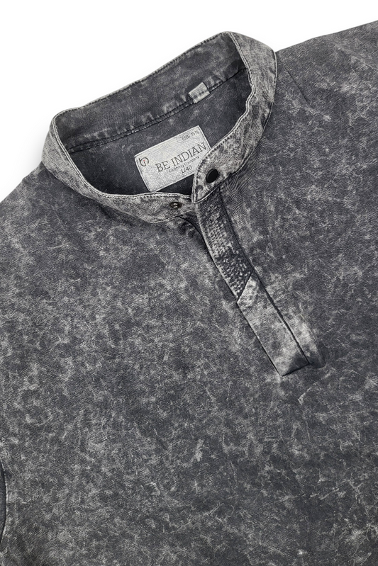 Men Black Acid Washed Henley Neck T-Shirt - Slim Fit 305