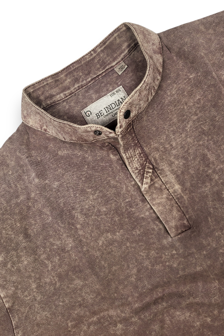 Men Brown Acid Washed Henley Neck T-Shirt - Slim Fit 305
