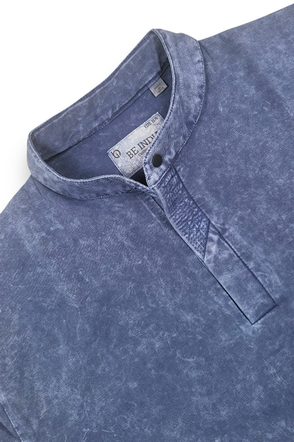 Men Blue Acid Washed Henley Neck T-Shirt - Slim Fit 305