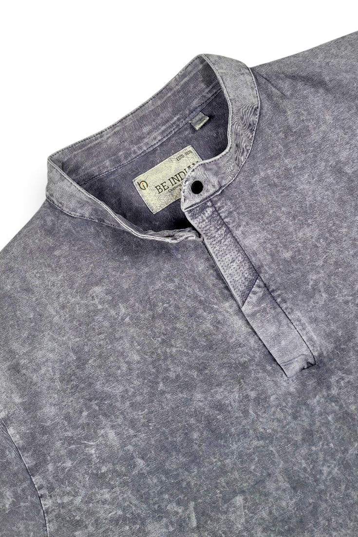 Men Grey Acid Washed Henley Neck T-Shirt - Slim Fit 305