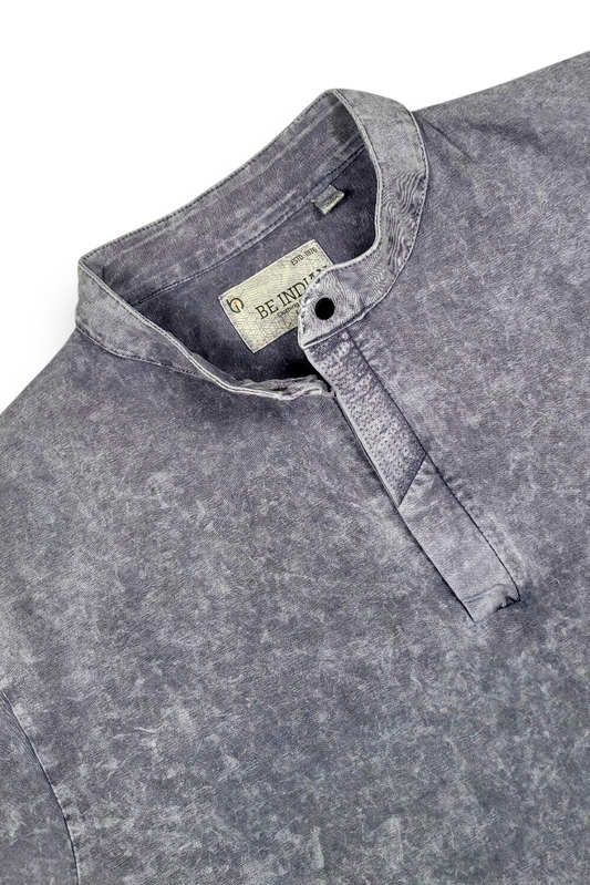 Men Grey Acid Washed Henley Neck T-Shirt - Slim Fit 305