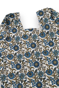 Women White Blue Floral Vine Print With Backlace Short Kurti 3561