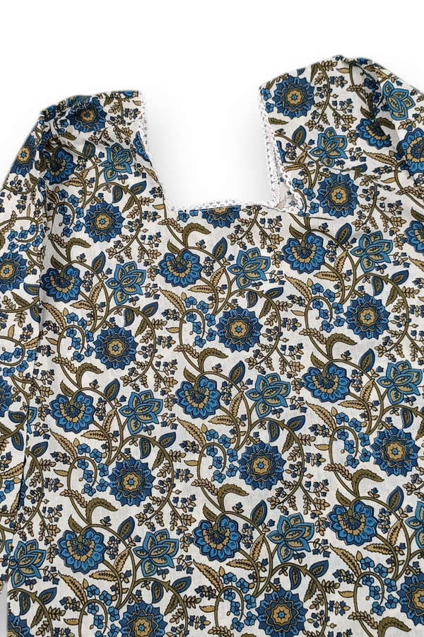 Women White Blue Floral Vine Print With Backlace Short Kurti 3561