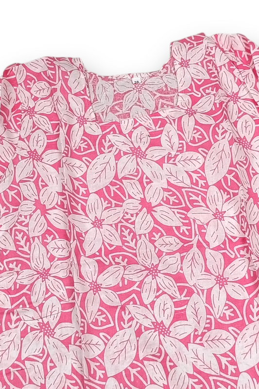Women Pink Floral Leaf Print With Backlace Short Kurti 3561