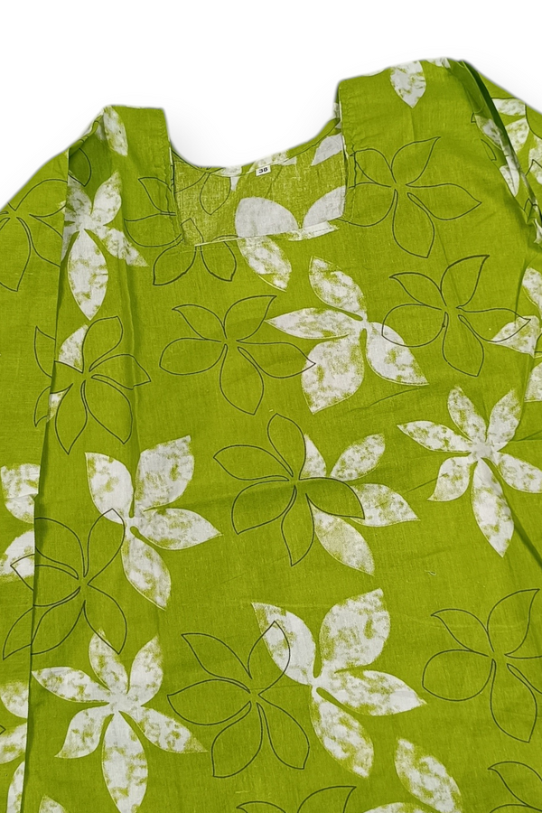 Women Lime Green Floral Leaf Print Back Lace Short Kurti 3561