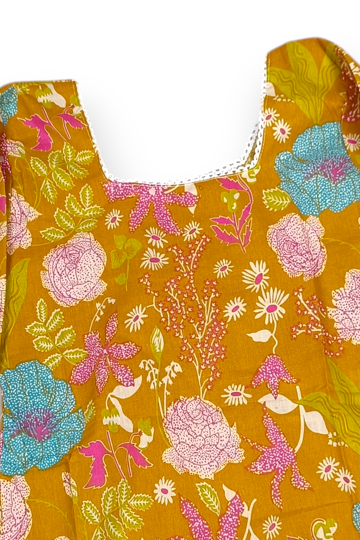 Women Mustard Floral Printed & Backlace Short Kurta Top 3561