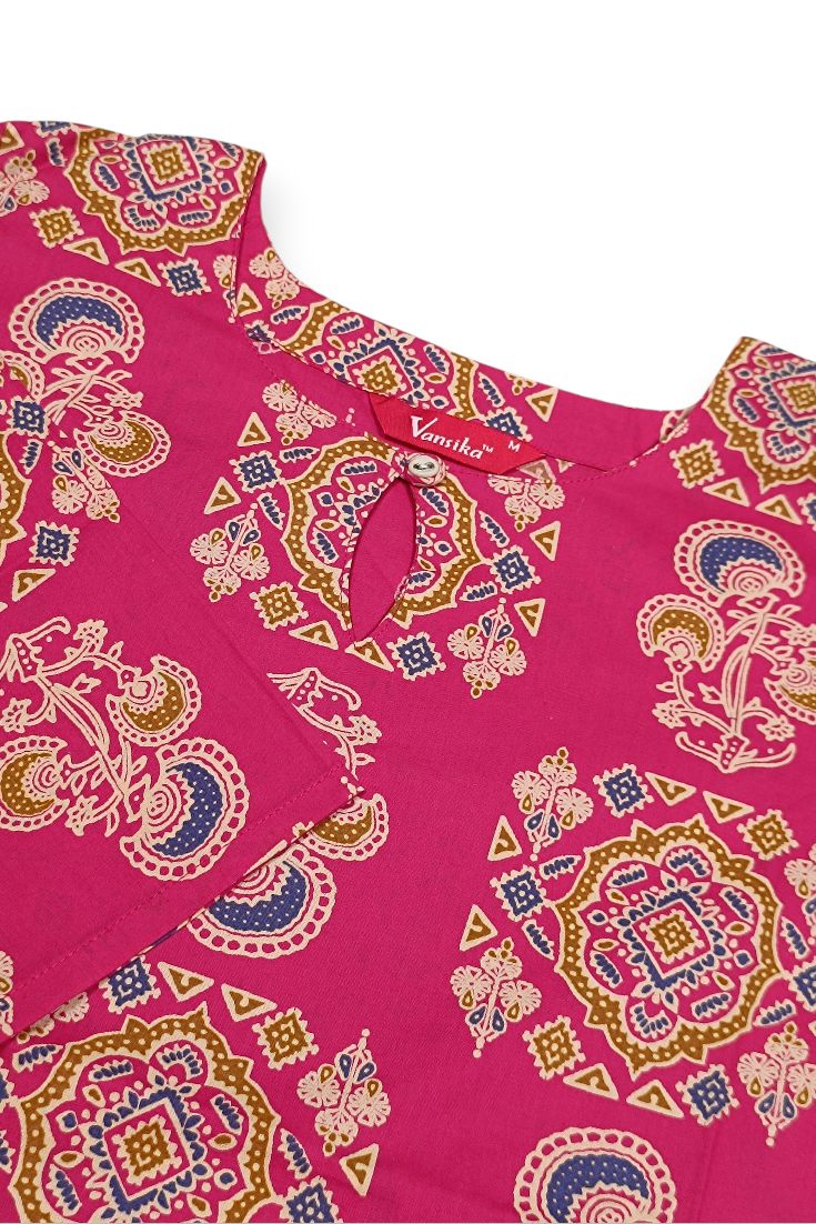 Women Pink Cotton Kurti with Mandala Ajrakh Block Print ATL101