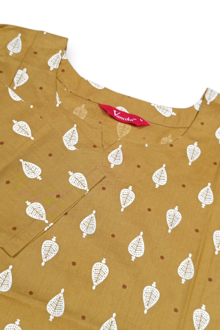 Women Mustard Yellow Cotton Kurti with White Leaf Butti Print ATL101