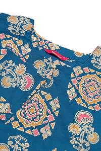 Women Teal Blue Cotton Kurti with Mandala Ajrakh Block Print ATL101