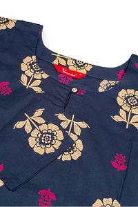 Women Navy Blue Beige Floral Cotton Kurti | Daily Wear ATL101