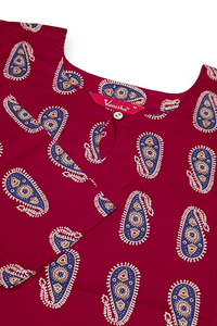 Women Maroon Cotton Kurti with Blue Paisley Print ATL101