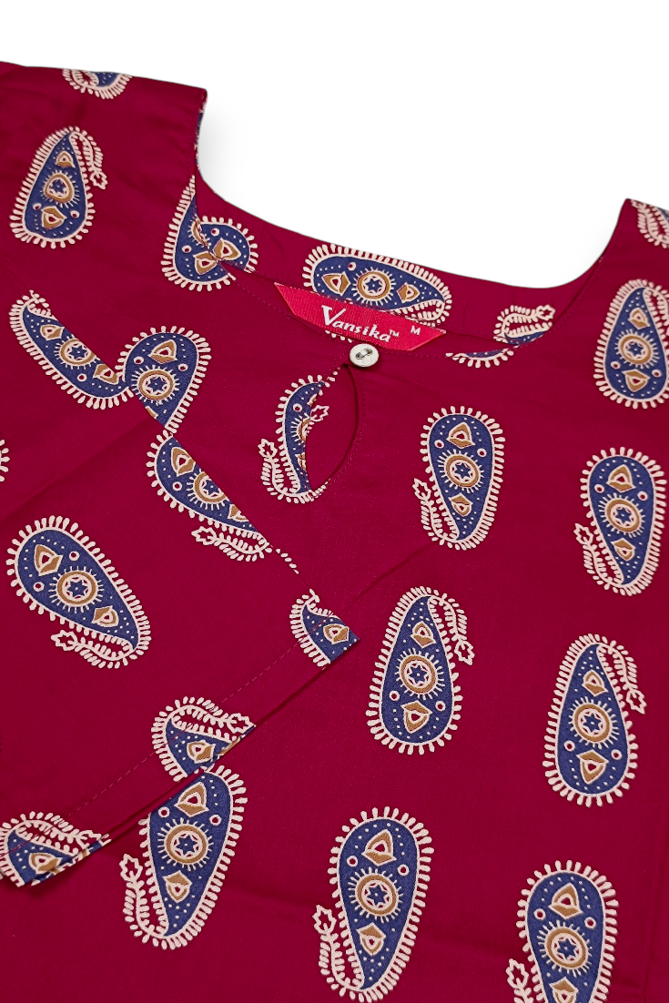 Women Maroon Cotton Kurti with Blue Paisley Print ATL101